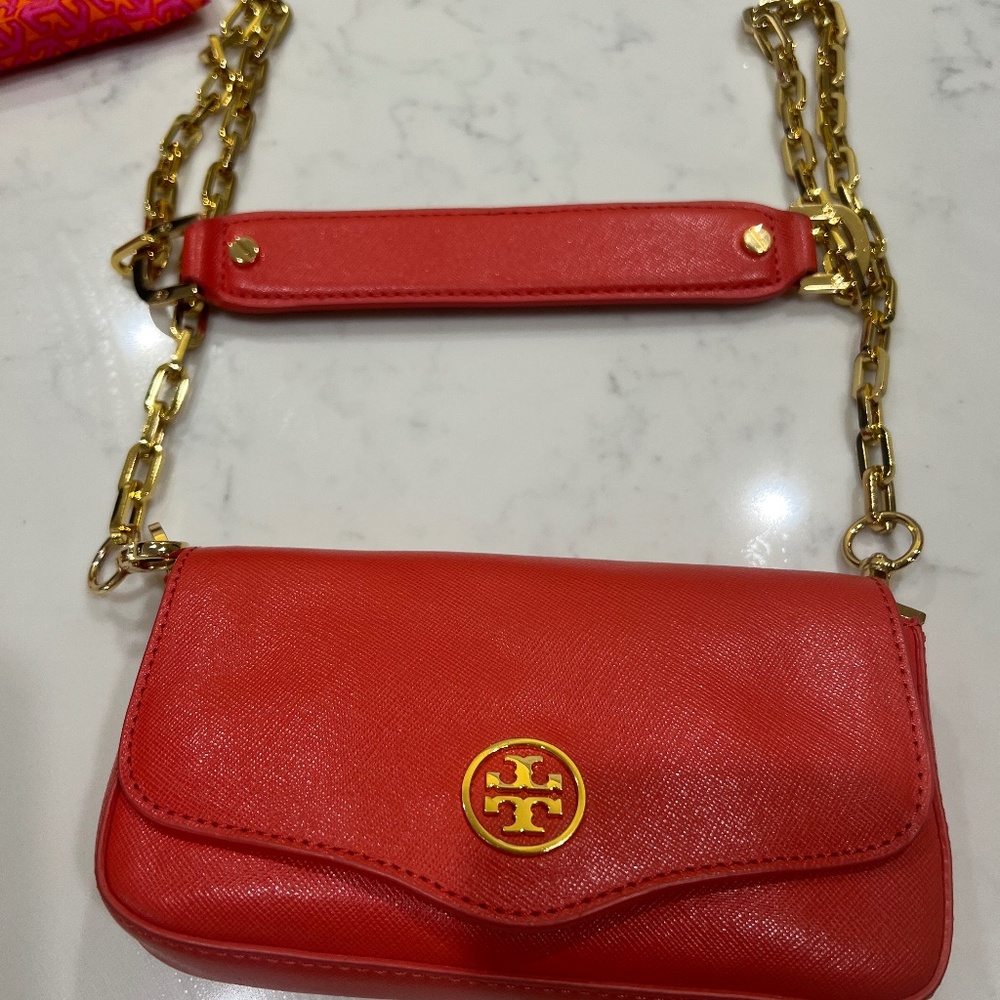 Tory Burch Saffiano CORAL Leather Gold Chain Mini Crossbody Shoulder Bag